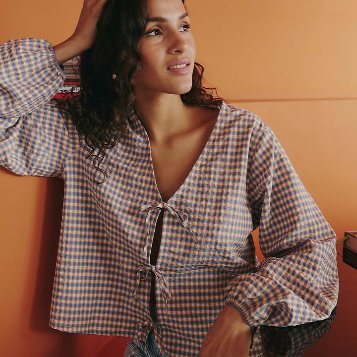 Produktbild La Redoute Collections Karierte V-Ausschnitt-Bluse mit Bindebändern (M)