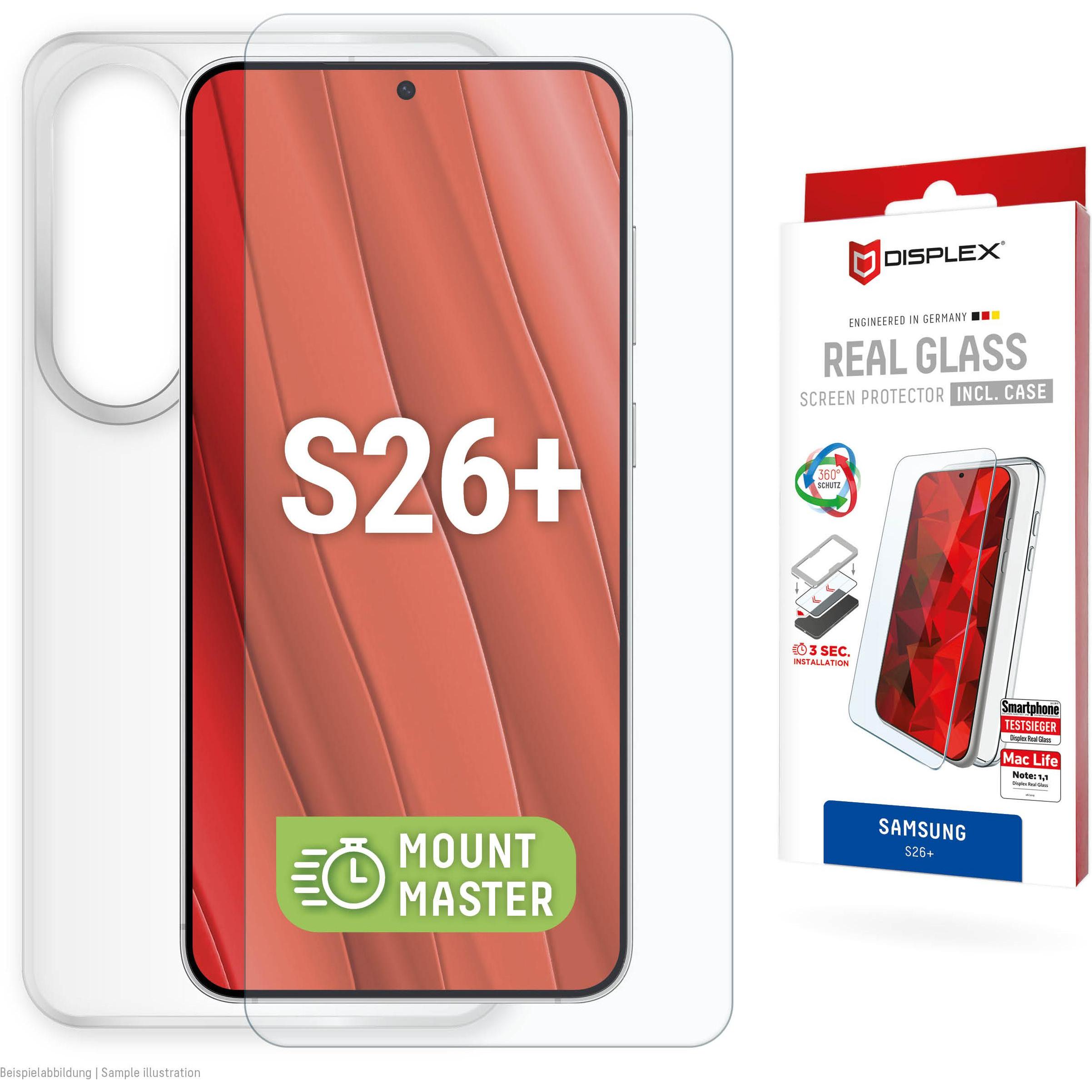 Displex Real Glass, 2D Panzerglas + Handyhülle, MountMaster (1 pz., Samsung Galaxy S26+), Pellicola protettiva smartphone, Trasparente