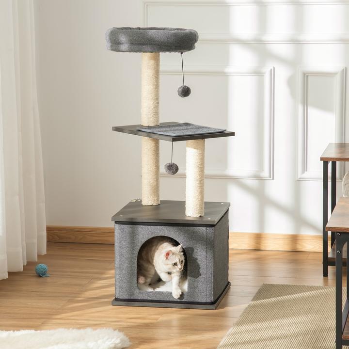 Immagine prodotto PawHut Albero per gatti con grotta per gatti e palline sospese (104 cm, Grigio scuro)