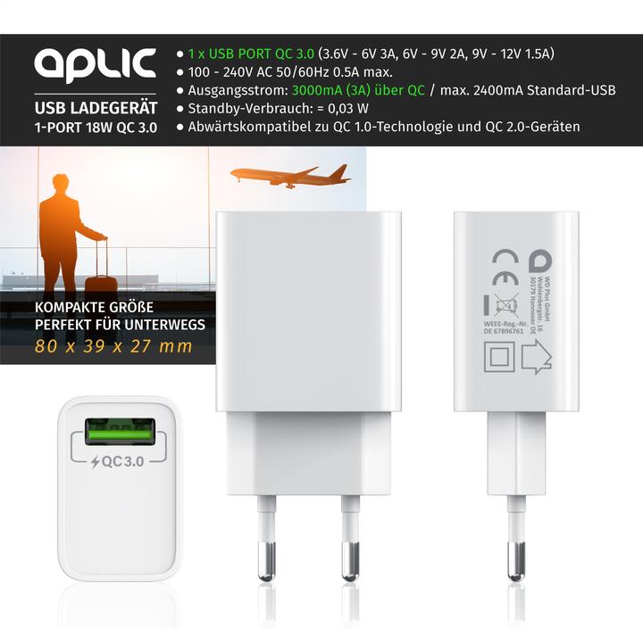 Image du produit Aplic Chargeur USB 18W Quick Charge 3.0, charge rapide, pour smartphones, tablettes, blanc (18 W, 1 portion)
