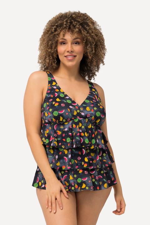 Image du produit Ulla Popken Tankini à volants, bonnets souples, matière recyclée dans un imprimé fruits (44 A)