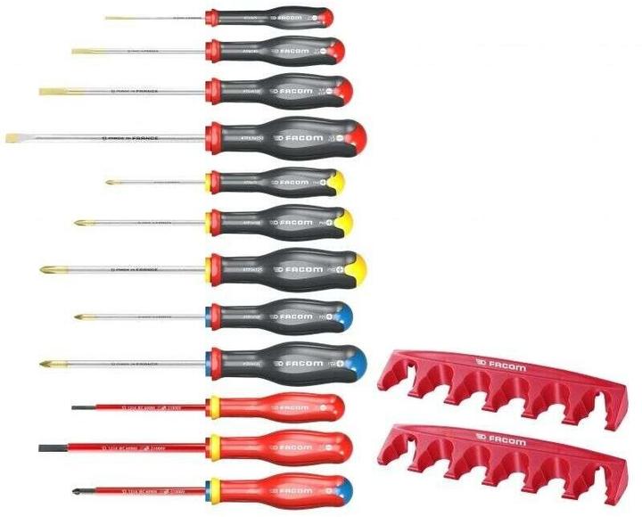 Facom Schraubendreher-Set 12-tlg u. 2 Halter (Schlitz, Kreuzschlitz, Pozidriv-Kreuzschlitz (PZ))
