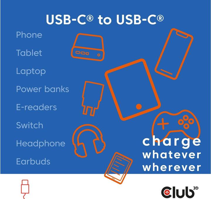Produktbild Club 3D USB Type C ->C 2,0m blau Bi-Direktional Kabel USB-C (2 m, USB 2.0, 240 W)