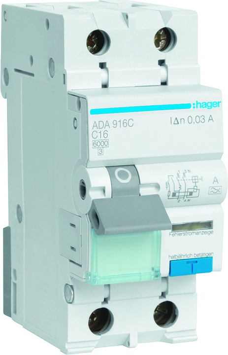 Image du produit Hager FI-LS 1P+N 6kA C-16A 30mA A avec languette N