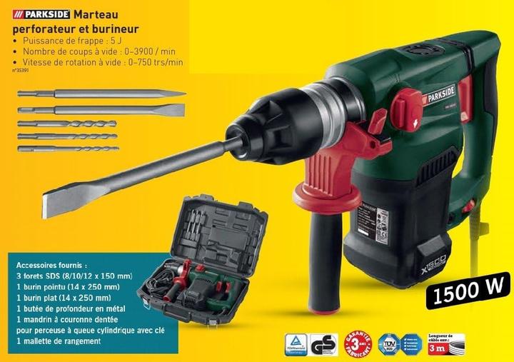 Image du produit Parkside Marteau perforateur pneumatique 1500W avec accessoires et coffret de rangement