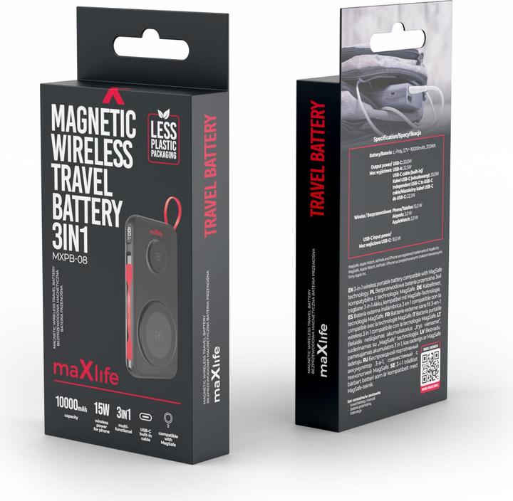 Produktbild Maxlife wireless power bank MXPB-08 10000 mAh magnetic 3in1 black (10000 mAh, 22.50 W)