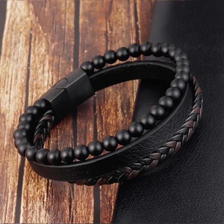 Immagine prodotto Cbx Bracciale in pelle con perline e fibbia magnetica 22 cm (22 cm, Cuoio, Acciaio inossidabile)