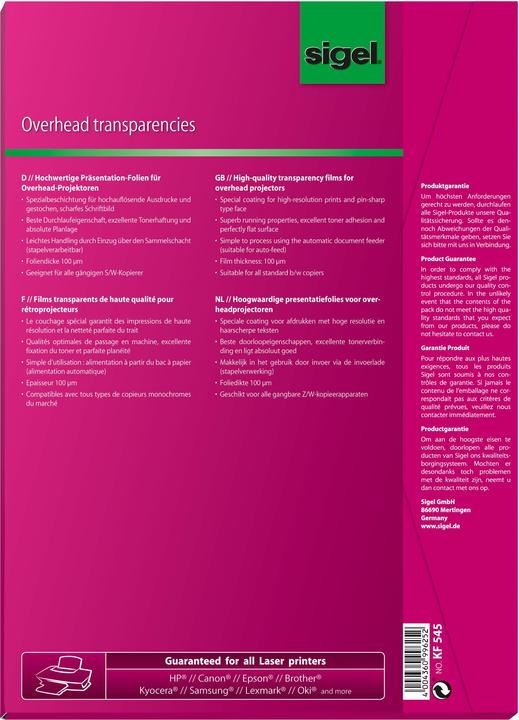 Immagine prodotto Sigel Pellicola per copie in bianco e nero, DIN A4, trasparente, 100 my (100 g/m², A4)