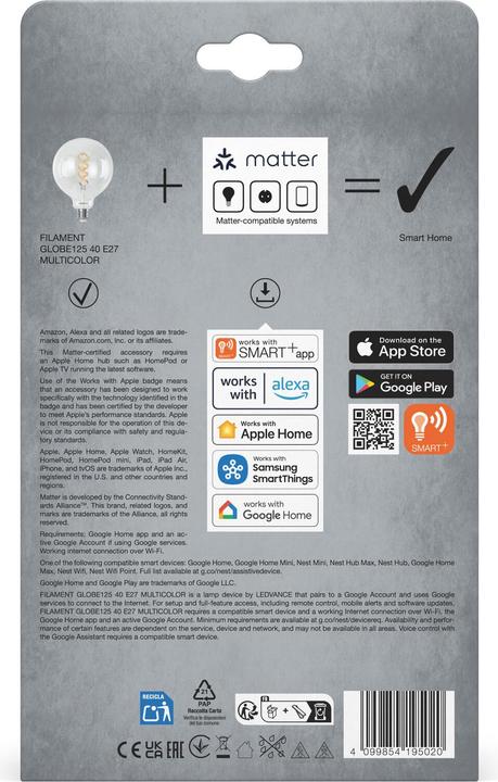 Immagine prodotto Ledvance SMART+ MATTER FILAMENT GLOBE MULTICOLOR 4.8W 827...865 Multicolore E27 (E27, 470 lm, 1 x)