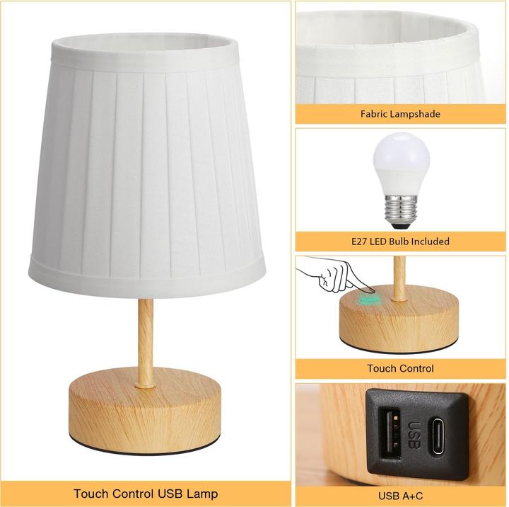 Produktbild Alopini Bedside Lamp Touch Dimmable, USB A+C Charging Function, Table Lamp with Lampshade (E27)