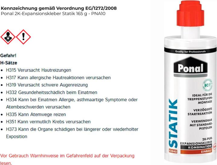 Nährwerte und Zutaten Ponal Statik 165g (316 g)