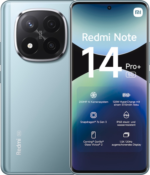 Produktbild Xiaomi Redmi Note 14 Pro+ 5G (256 GB, Frost Blue, 6.67", Dual SIM, 200 Mpx, 5G)