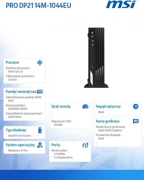 Produktbild MSI Computer accessories PRO DP21 14M-1044EU i5-14400 8/500GB (Intel Core i5-14400, 8.19 GB, 512 GB)