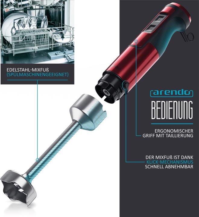 Produktbild Arendo Stabmixer 1000W, Edelstahl Pürierstab in Rot, Handmixer mit Becher, stufenlose Regelung, DC Motor