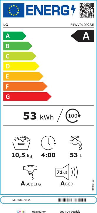 Energy Label LG WASHING MACHINE F4WV910P2SE (10.50 kg, Left)
