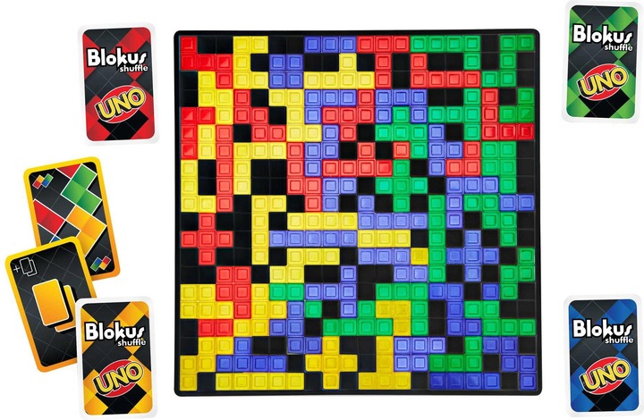 Actual product image Mattel Games Blokus Shuffle: UNO Edition (Dutch, Italian, French, Spanish, German, Russian, Portuguese, Polish)