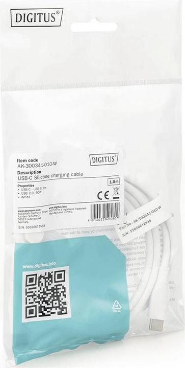 Productafbeelding Digitus USB-C siliconen aansluitkabel, 1m, wit (1 m, USB 2.0, 60 W)