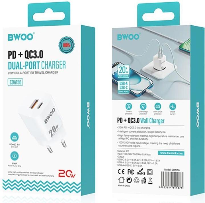 Image du produit Bwoo Mini chargeur mural 20W CDA156 USB-C, USB-A (20 W, 2 ports)