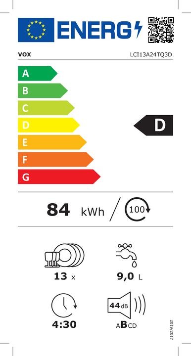 Energy Label Vox Dishwasher LCI 13A24TQ3D (D, 13 sets, AquaStop, AutoDoor, invert)