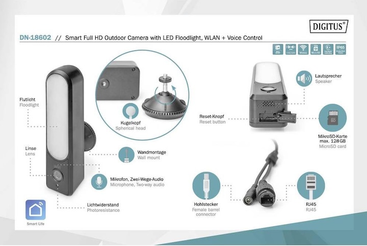 Produktbild Digitus Smarte Full HD-Aussenkamera mit LED-Flutlicht, WLAN + Sprachsteuerung (1920 x 1080 Pixels)