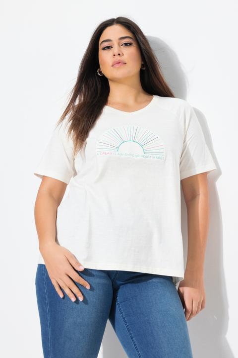 Image du produit Ulla Popken T-shirt avec broderie, décolleté en V et manches courtes chauve-souris, coupe Classic Fit (50, 52)