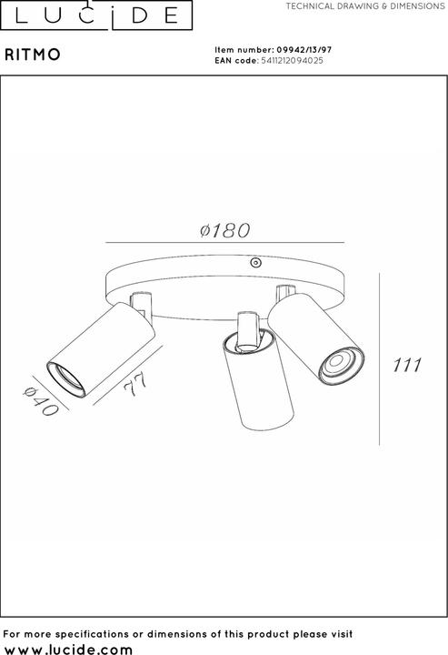 Produktbild Lucide RITMO - Plafondspot - Ã˜ 18 cm - 3xGU10 (MR11) - Koffie (GU10)