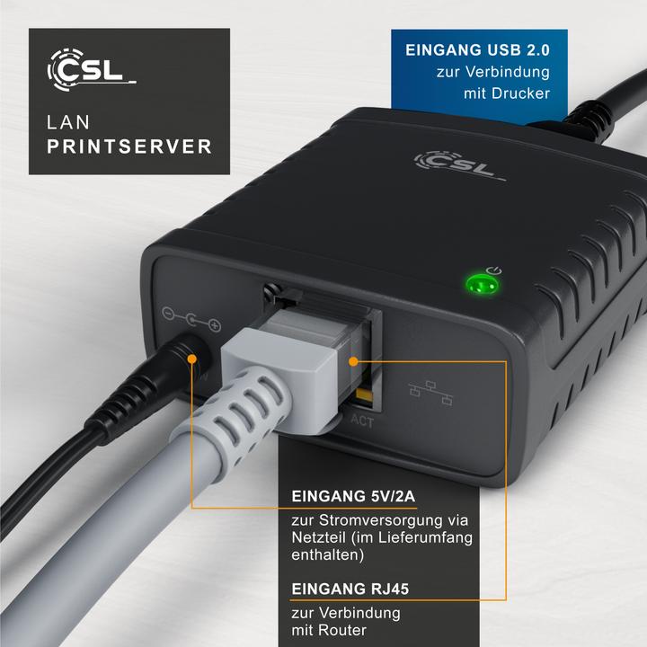 Image du produit CSL Serveur d'impression LAN, serveur d'impression USB, alimentation, Fast Ethernet, pour PC Windows