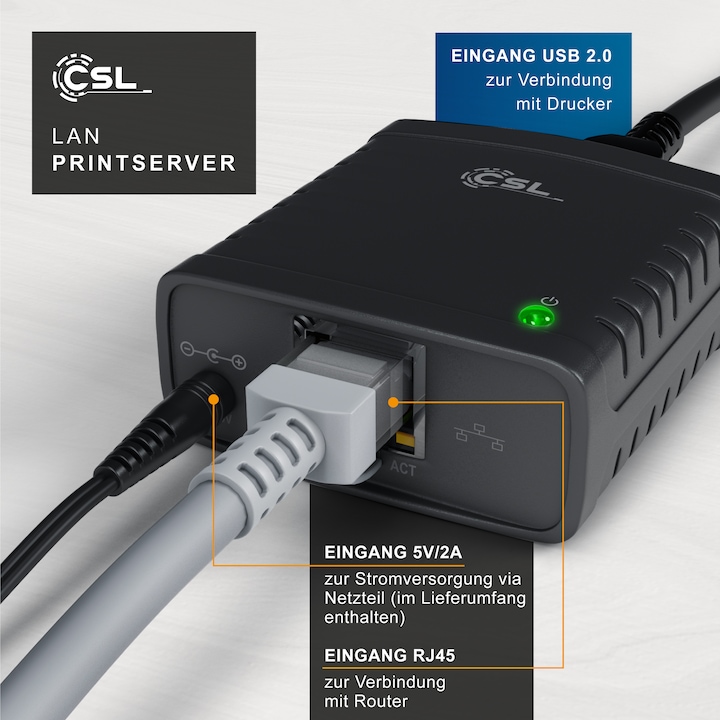 Actual product image CSL LAN print server, USB print server, power supply unit, Fast Ethernet, for PC Windows Vista, XP
