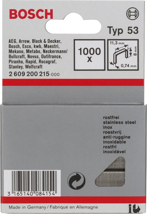 Produktbild Bosch Professional Zubehör Feindrahtklammer Typ 53, 11,4 x 0,74 x 8 mm, 1000er-Pack, rostfrei
