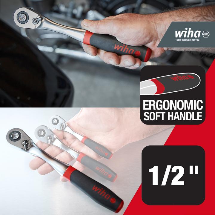 Produktbild Wiha Umschaltknarre mit Druckknopf und Kugelsicherung I Feinverzahnt mit 72 Zähnen I 1/2" (1/2")