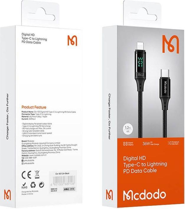 Actual product image Mcdodo USB C – Lightning (1.20 m, USB 2.0, 36 W)