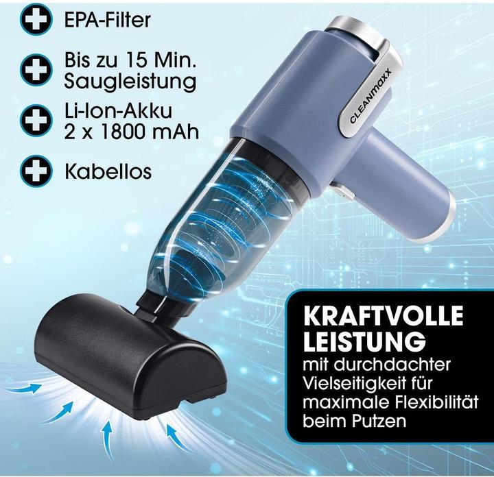 Produktbild CleanMaxx Akku-Handsauger Blau 9-teilig, Fassungsvermögen: 250 ml