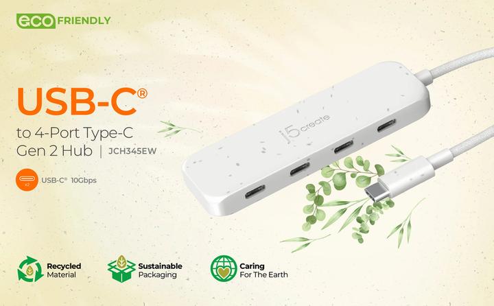 Image du produit j5Create USB-C respectueux de l’environnement vers Hub 4 ports Type- C Gén 2, USB 3.2 Gen 1 (3.1 Gen (USB-C, 4 ports)