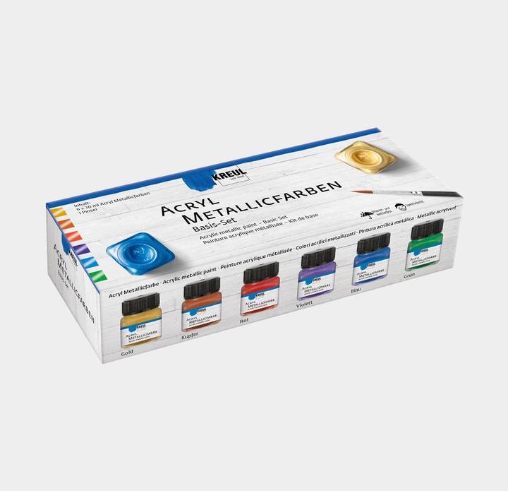 Actual product image Kreul acrylic metallic colours, basic set, 6 x 20 ml (Blue, Gold, Violet, Green, Red, Copper, 120 ml)