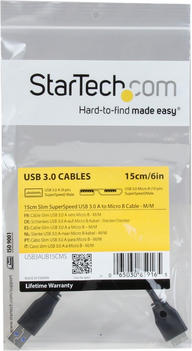Actual product image StarTech 15cm Slim SuperSpeed USB 3.0 A to Micro B Cable - St/St - USB 3.0 Connection Cable - Black (0.15 m, USB 3.2 Gen 1)