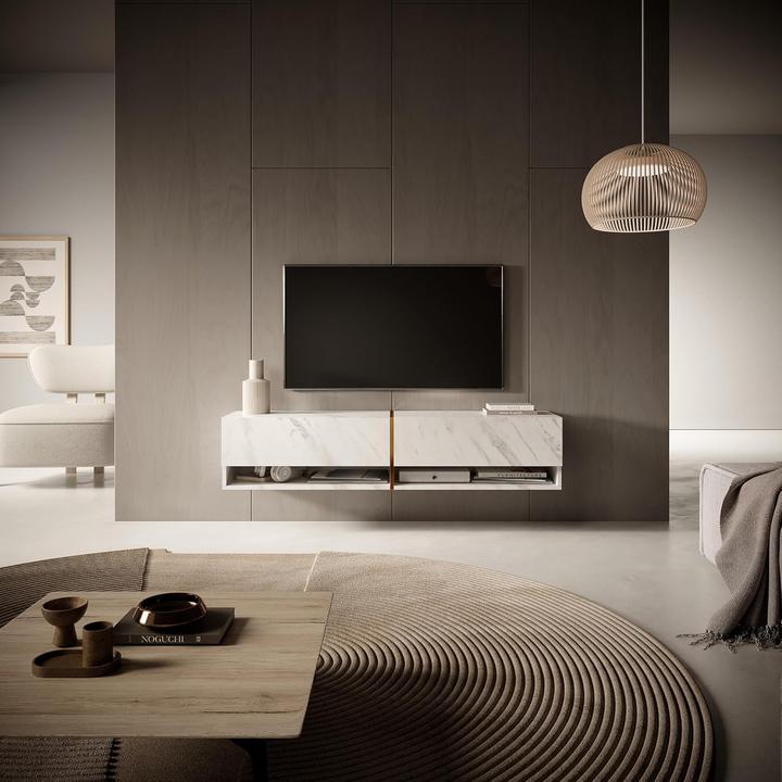 Actual product image Selsey Mirrgo Floating TV Console with Golden Accents and White Marble Finish (140 x 31.60 x 30 cm)