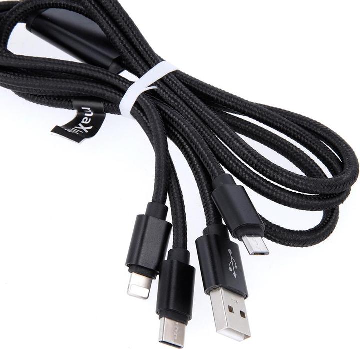 Image du produit Maxlife Câble 3en1 USB - Lightning + USB-C + microUSB 1,0 m 2,1A noir nylon (1 m, 10 W)