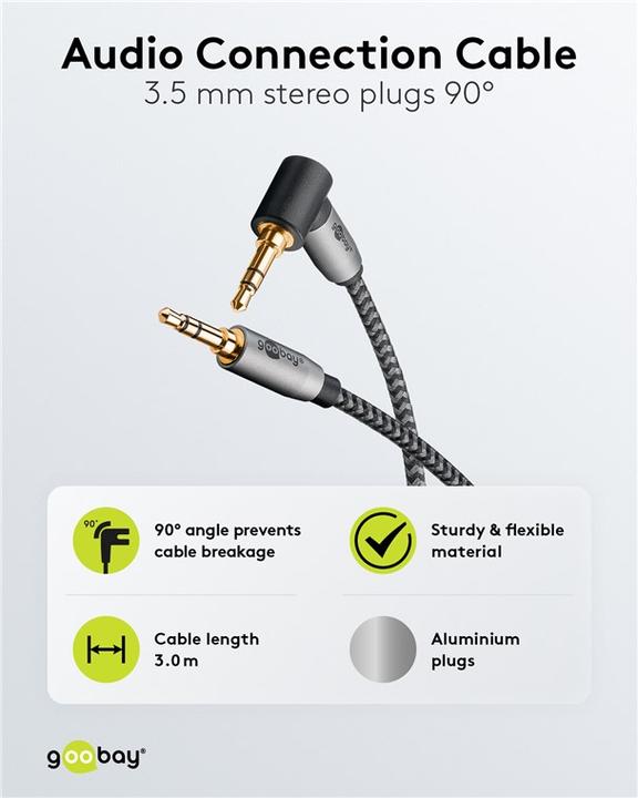 Actual product image Goobay Audio connection cable AUX, 3.5 mm stereo, 90°, 3 m, Sharkskin Grey (3 m, 3.5mm jack (AUX))