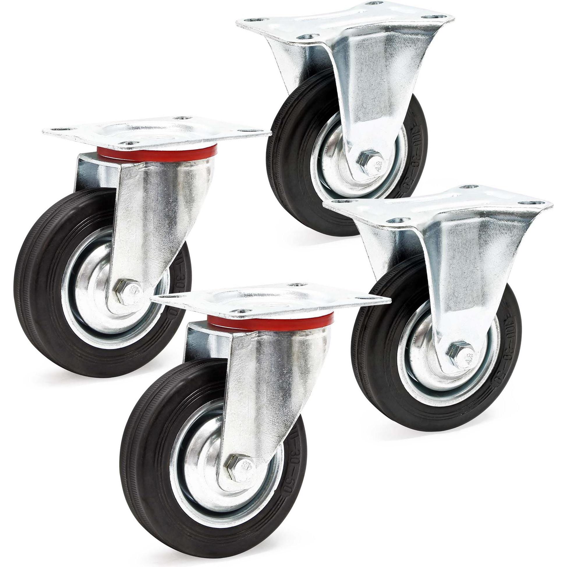 Wiltec, Möbelrollen, Transportrolle Set 2x Lenkrolle 2x Bockrolle Vollgummirad 100mm Möbelrolle 70kg