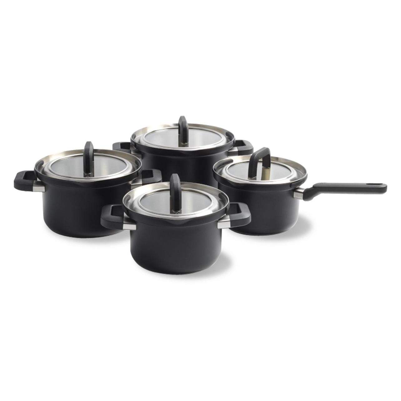 Bk Flow Cool Glas Kookpannenset - 4 Delig - Zwart, Pan + Steelpan, Zwart