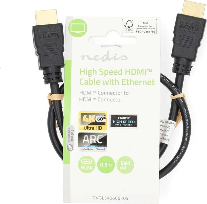 Actual product image Nedis High Speed HDMI ™ Cable with Ethernet | HDMI™ Plug | HDMI™ Plug | 4K@60Hz | ARC | 18 Gb (0.50 m)