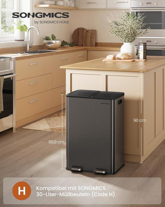 Produktbild Songmics Mülleimer mit 2 Fächern und Softclose-Deckel (60 l)