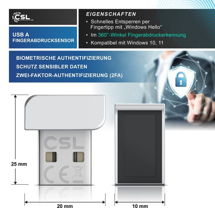 Produktbild CSL Fingerabdrucksensor, bis zu 10 IDs, biometrische Authentifizierung, Windows 11, Plug & Play, USB-A