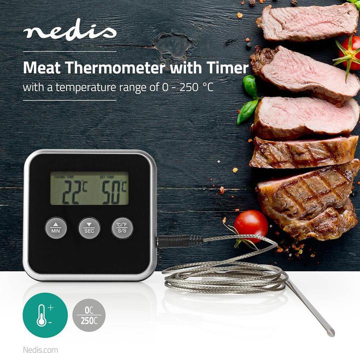 Immagine prodotto Nedis Termometro per carne 0-250 °C Display digitale Timer 80 mm Argento/Nero
