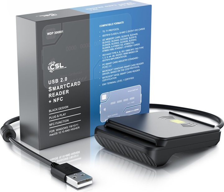Produktbild CSL USB Chipkartenleser, NFC, ISO 7816/14443, kompatibel mit Mac OS X & Windows 11, für Personalausweis (USB)