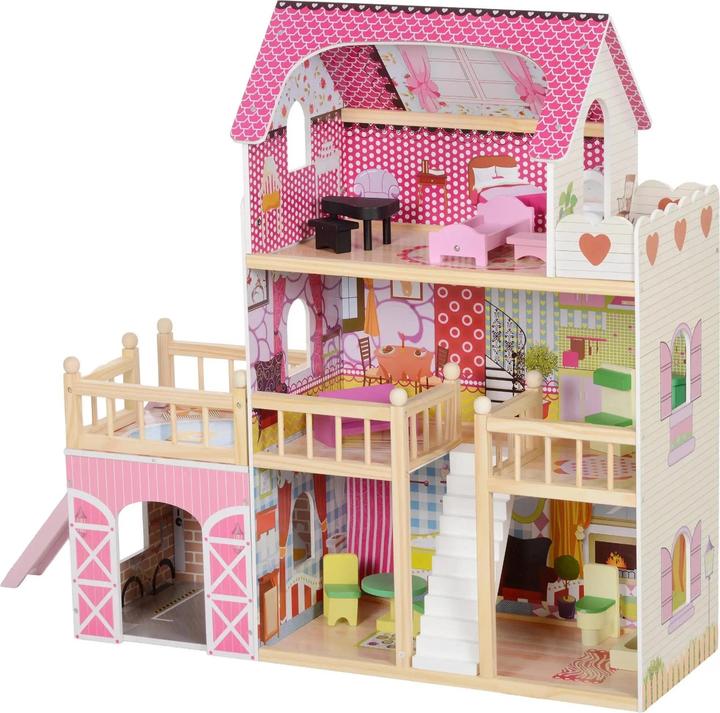 Produktbild Fasnacht Rosa Puppenhaus mit 3 Etagen 13 Möbelstücke aus MDF Holz 114x32x92cm