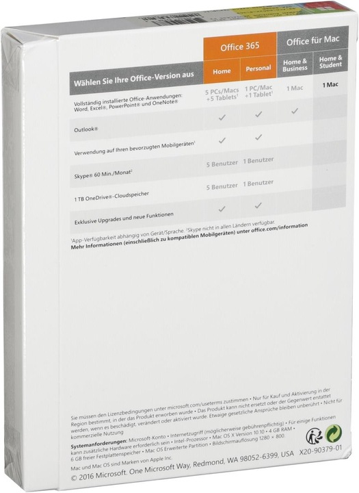 Produktbild Microsoft Office 2016 Home and Student (1 User, 12 Monate)