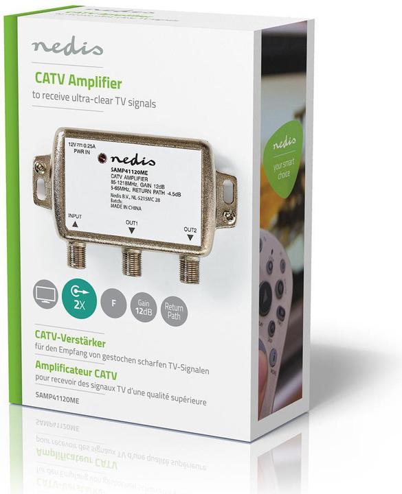 Produktbild Nedis SAMP41120ME CATV-Verstärker Verstärkung: 12 dB 85-1218 MHz Anzahl der Ausgänge: 2 Rückweg Silb (Stromversorgung)