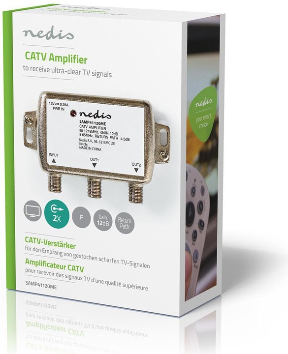 Actual product image Nedis SAMP41120ME CATV amplifier Gain: 12 dB 85-1218 MHz Number of outputs: 2 Return path Silb (Power supply)
