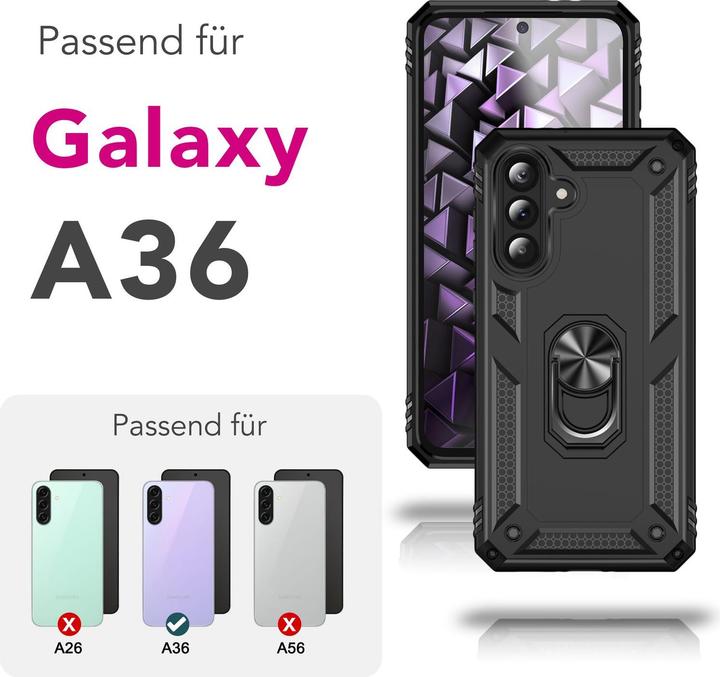 Produktbild Nalia RingDefend - Schwarze Panzerhülle mit 360-Grad Finger-Halter & Ständer - Military Style Cover (Samsung Galaxy A36)